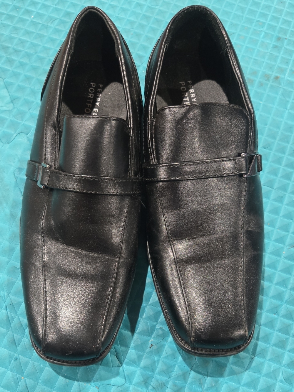 Perry Ellis Black Leather Slip-On Loafers with Strap Detail